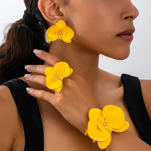 Detailansicht des gelben Blumenschmuck-Sets mit übergroßem Ring und Ohrringen am Modell