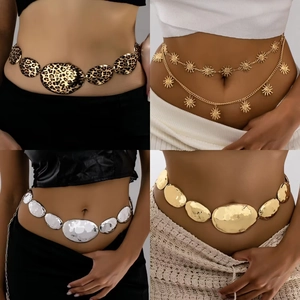 Women's Bohemian Alloy Metal Waist Chain Irregular Geometric Hammered Plate Leopard Print Sun Face Charm Body Chain