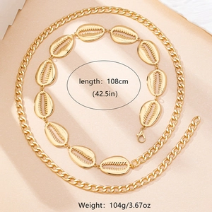 Detailed view of golden seashell waist chain with length specs 108cm and lobster clasp