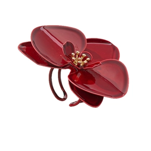 Dunkelroter Emaille-Orchideenring mit goldener Mitte und verstellbarem Ringband