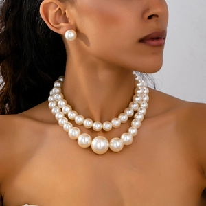 Duo Orecchini Collana di Künstliche Perle Eleganti Retrò Francesi per Donna Bianco Crema Sfumato Placcato Oro Gioielli in Lega
