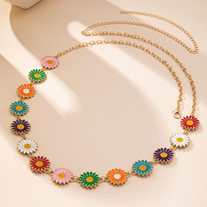 Bohemian gold waist chain with colorful enamel daisy pendants and adjustable lobster clasp