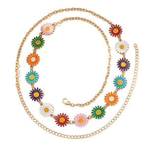 Bohemian gold waist chain featuring colorful enamel daisy pendants and adjustable lobster clasp