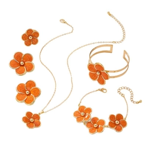 Parure de bijoux fleur dorée avec pétales en émail orange incluant collier et bracelet