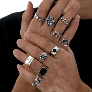 Vintage Punk Zinc Alloy Ring For Men Women Antique Silver Cross Ace Of Spades Yin Yang Star Moon DAD Jewelry Accessory