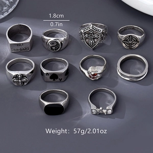 10-piece set of men's vintage silver rings featuring cross, ace of spades, and ying-yang