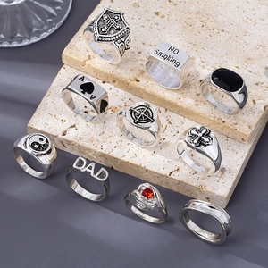 10-piece vintage silver rings set for men with cross ace of spades and DAD motifs