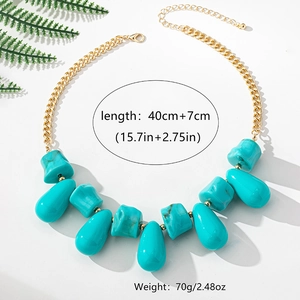 Bohemian gold chain necklace with large turquoise waterdrop pendants, 40cm plus 7cm length