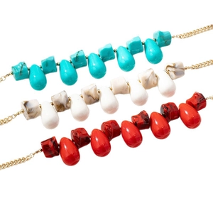 Bohemian irregular bead necklace with turquoise and coral pendants in gold chain