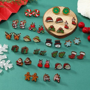 Pendientes de Botón de Madera de Navidad Papá Noel Muñeco de Nieve Reno Pendientes de Madera Estampados para Mujer Regalo