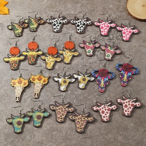 Bohemian Wood Bull Head Skull Drop Earrings Cow Leopard Print Sunflower Floral Western Southwestern Style Jewelry For Women