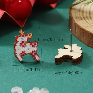 Detalle de pendientes de reno de Navidad en madera con dimensiones y vista frontal y trasera