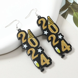 Boucles d'oreilles graduation 2024 en acrylique noir avec chiffres pailletés et chapeau