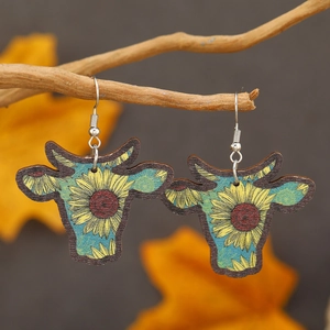 Ox-head shaped drop earrings with blue background and yellow sunflower pattern design