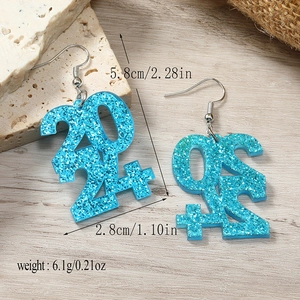 Detail view of blue glitter 2024 earrings showing size 5.8cm height and 2.8cm width