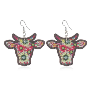 Floral cow head drop earrings with silver hooks for colorful bohemian style parties