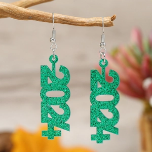 Sparkling green glitter 2024 acrylic number drop earrings hanging on a wooden stand