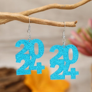 Sparkly 2024 blue glitter acrylic drop earrings for New Year party celebrations