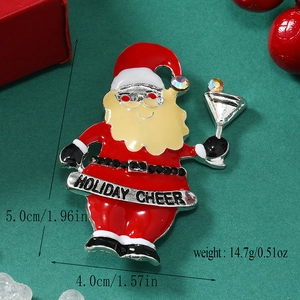 Detail of Santa brooch with dimensions 5.0cm by 4.0cm showing festive holiday design