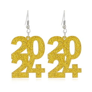 Sparkly gold 2024 number earrings for New Year party with glittery acrylic finish