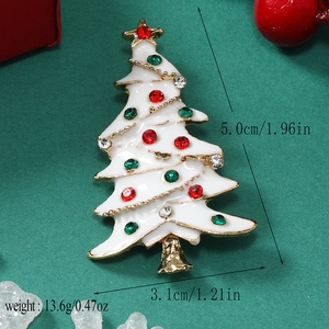 Detailed size view of a Christmas tree brooch with white enamel and colorful rhinestones