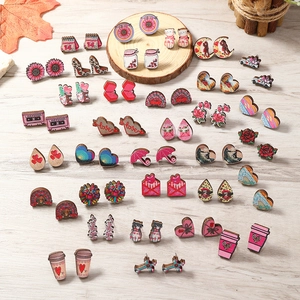 Pendientes de Botón de Madera para Mujer Lindos Patrones de Gato Flor Corazón Impresos Estilo Pastoral Vintage Joyería de Madera Ligera Regalo