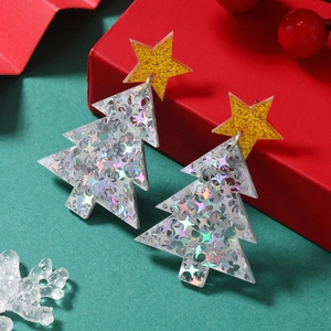 Boucles d'oreilles sapin de Noël avec étoiles dorées et paillettes holographiques