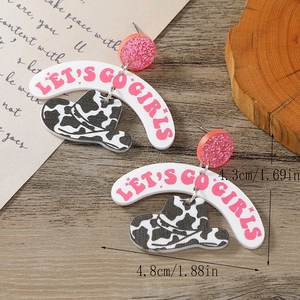 Pink western cowboy hat earrings with cow print and Let's Go Girls text on acrylic