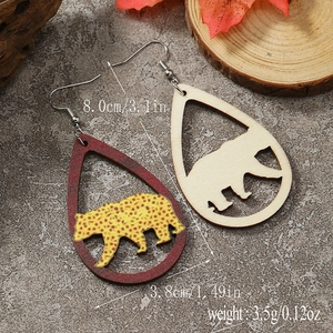 Lightweight water-drop wooden bear earrings with leopard pattern and natural wood texture