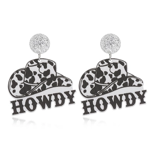 Cowgirl hat earrings with cow print texture and black Howdy lettering charms