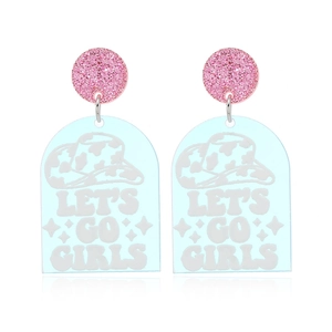 Detail view of Let's Go Girls Western earrings with pink sequins and blue acrylic arch