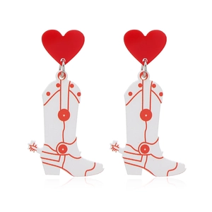 Western cowboy boot earrings with red heart accent and white acrylic star design
