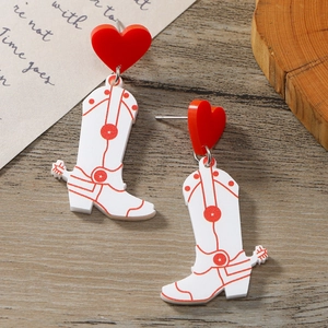 Western style acrylic cowboy boot earrings with red heart studs and star patterns