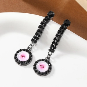 Gothic style long black rhinestone earrings with pink evil eye pendant for women