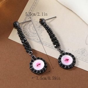 Exquisite Evil Eye long drop earrings with black crystals and pink cat-eye stone detail
