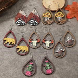 Western Vintage Wood Hollow Out Waterdrop Earrings Sunflower Cowboy Boot Cow Skull Cactus Animal Print Drop Earrings For Women Jewelry