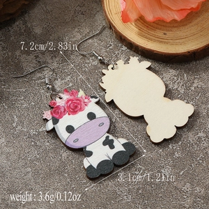 Detailed dimensions of wooden cartoon cow earrings with floral crown and silver hooks