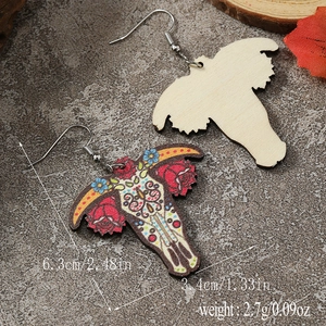 Bohemian bull skull wooden earrings with floral patterns and silver hooks for women