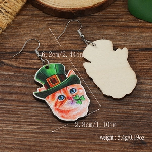 Detailed view of Saint Patrick's Day wooden cat earrings with clover and size specifications