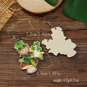 Detailed view showing the front and back of St. Patrick's Day wooden leprechaun earrings