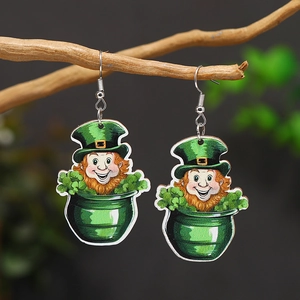 Saint Patrick's Day wooden earrings with leprechaun clover design on tree branch