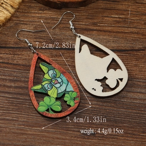 Detail view of teardrop wood cat clover earrings with measurements and dimensions