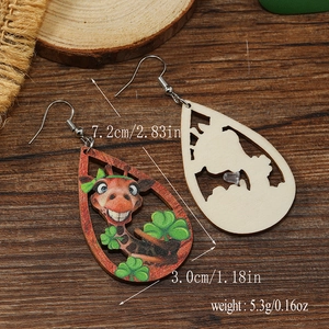 Detail view showing dimensions of St. Patrick's Day wood earrings with giraffe design