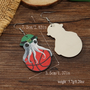 Detail view of octopus basketball wooden earrings with size measurements and weight