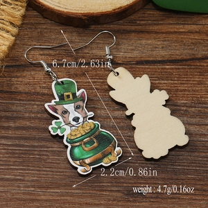Detailed view of Saint Patrick's Day wooden dog earrings with size and weight measurements