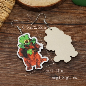 Detailed view of Saint Patrick's Day dachshund wood earrings with size and weight specs