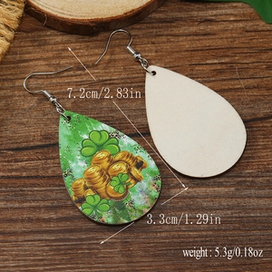 Detailed view of St. Patrick's Day wooden teardrop earrings with dimensions and weight