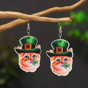 Cute St. Patrick's Day orange cat wooden earrings with green shamrock on branch