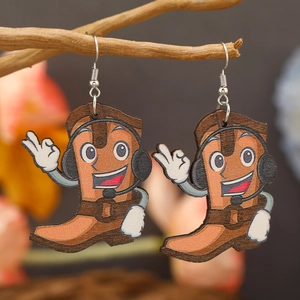 Whimsical cartoon boot earrings made of wood with creative headphones design for women