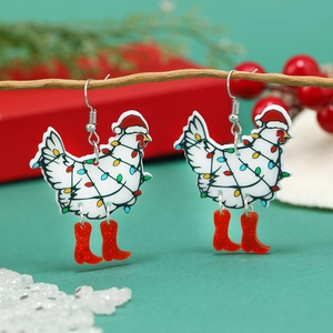 Orecchini natalizi in acrilico con gallina bianca, cappello da Babbo e luci colorate
